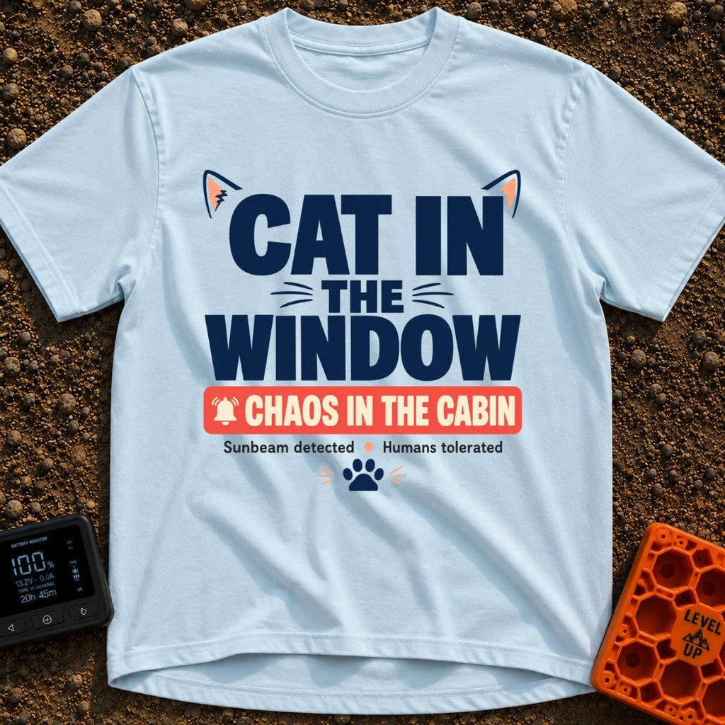 Chaos In The Cabin - T-Shirt in Chambray - A typographic design featuring the text "CAT IN THE WINDOW" with stylized cat...