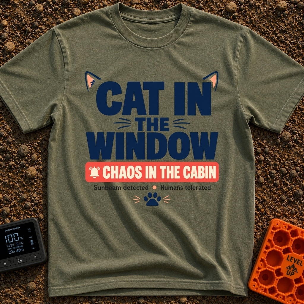 Chaos In The Cabin - T-Shirt in Moss - A typographic design featuring the text "CAT IN THE WINDOW" with stylized cat ears...