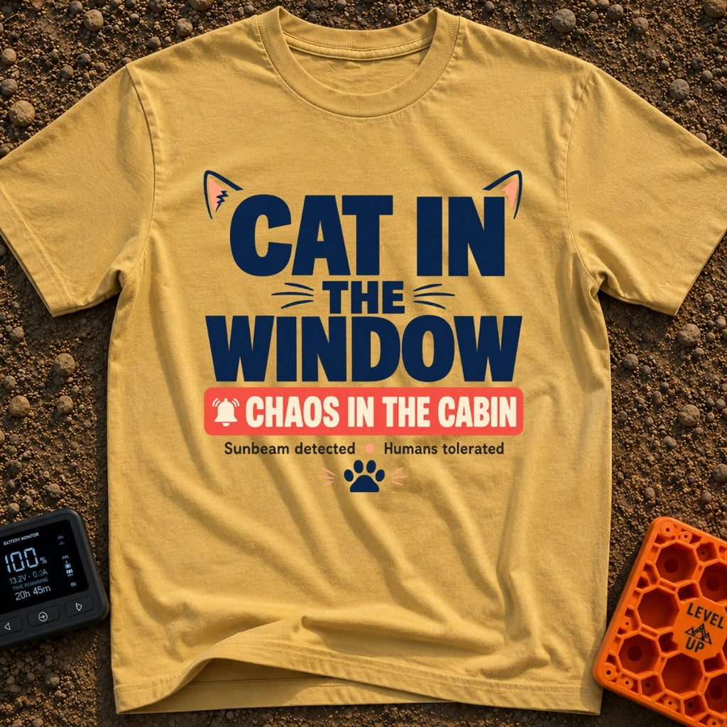 Chaos In The Cabin - T-Shirt in Mustard - A typographic design featuring the text "CAT IN THE WINDOW" with stylized cat...