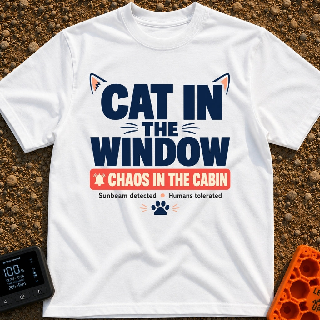 Chaos In The Cabin - T-Shirt in White - A typographic design featuring the text "CAT IN THE WINDOW" with stylized cat...