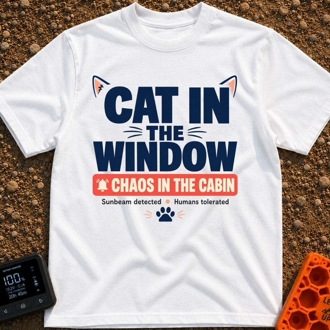 Chaos In The Cabin - T-Shirt in White - A typographic design featuring the text "CAT IN THE WINDOW" with stylized cat...