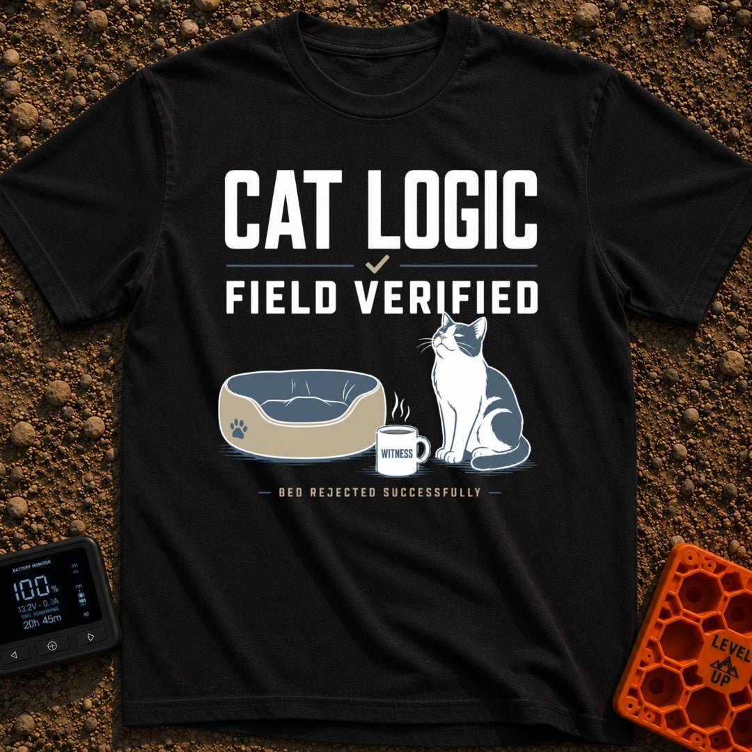 Cat Logic Certified - T-Shirt in Black - A black and white cat sitting upright next to an empty round pet bed, with a...