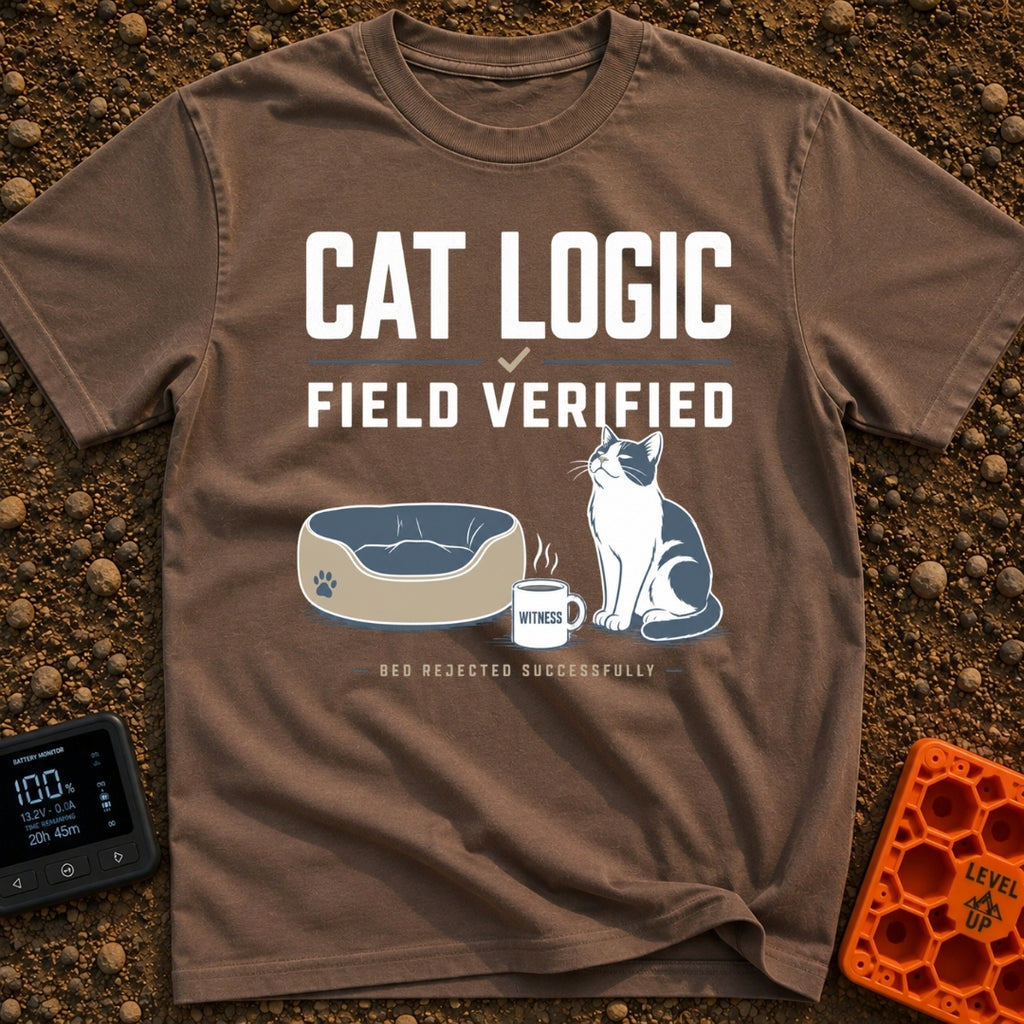 Cat Logic Certified - T-Shirt in Espresso - A black and white cat sitting upright next to an empty round pet bed, with a...