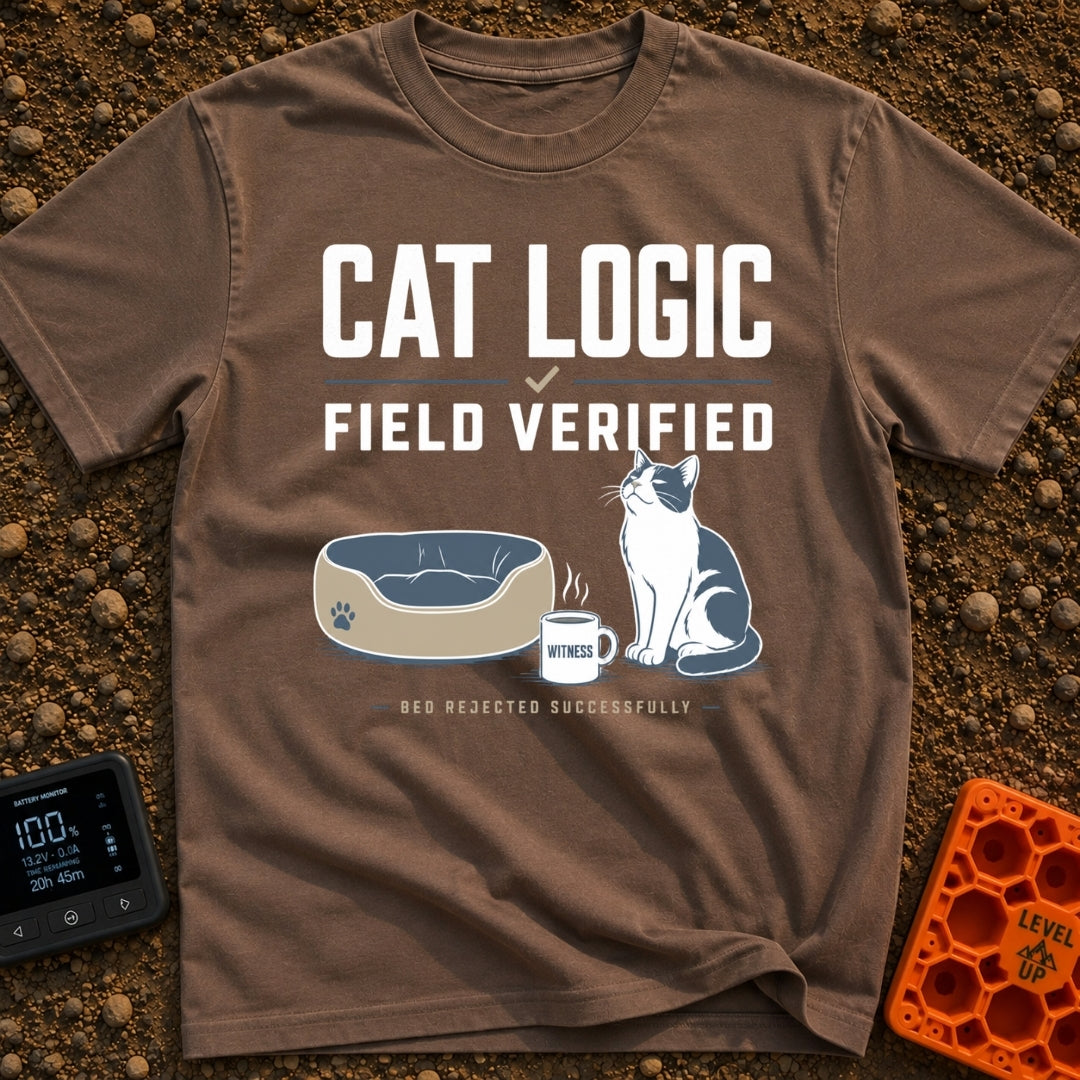 Cat Logic Certified - T-Shirt in Espresso - A black and white cat sitting upright next to an empty round pet bed, with a...