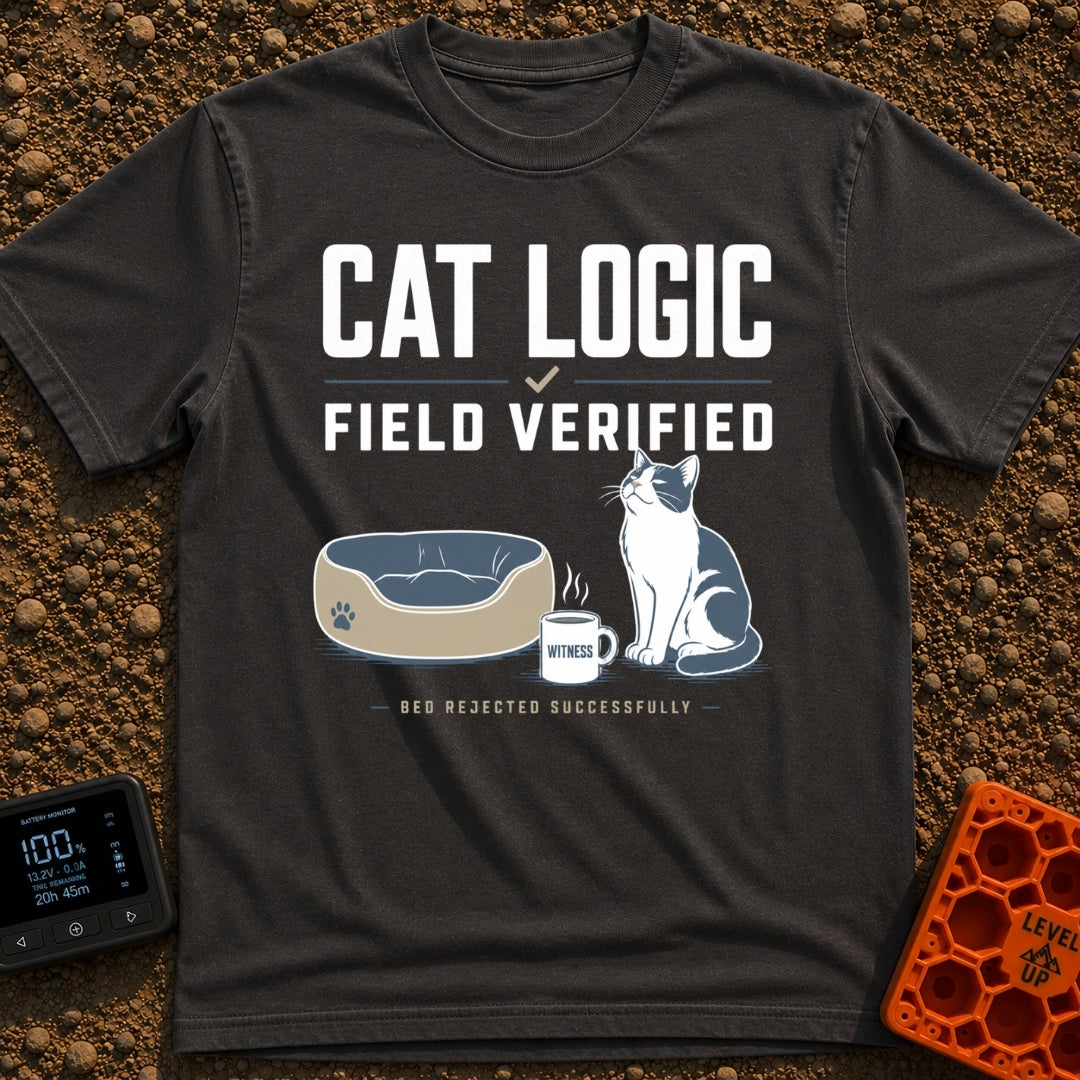 Cat Logic Certified - T-Shirt in Graphite - A black and white cat sitting upright next to an empty round pet bed, with a...