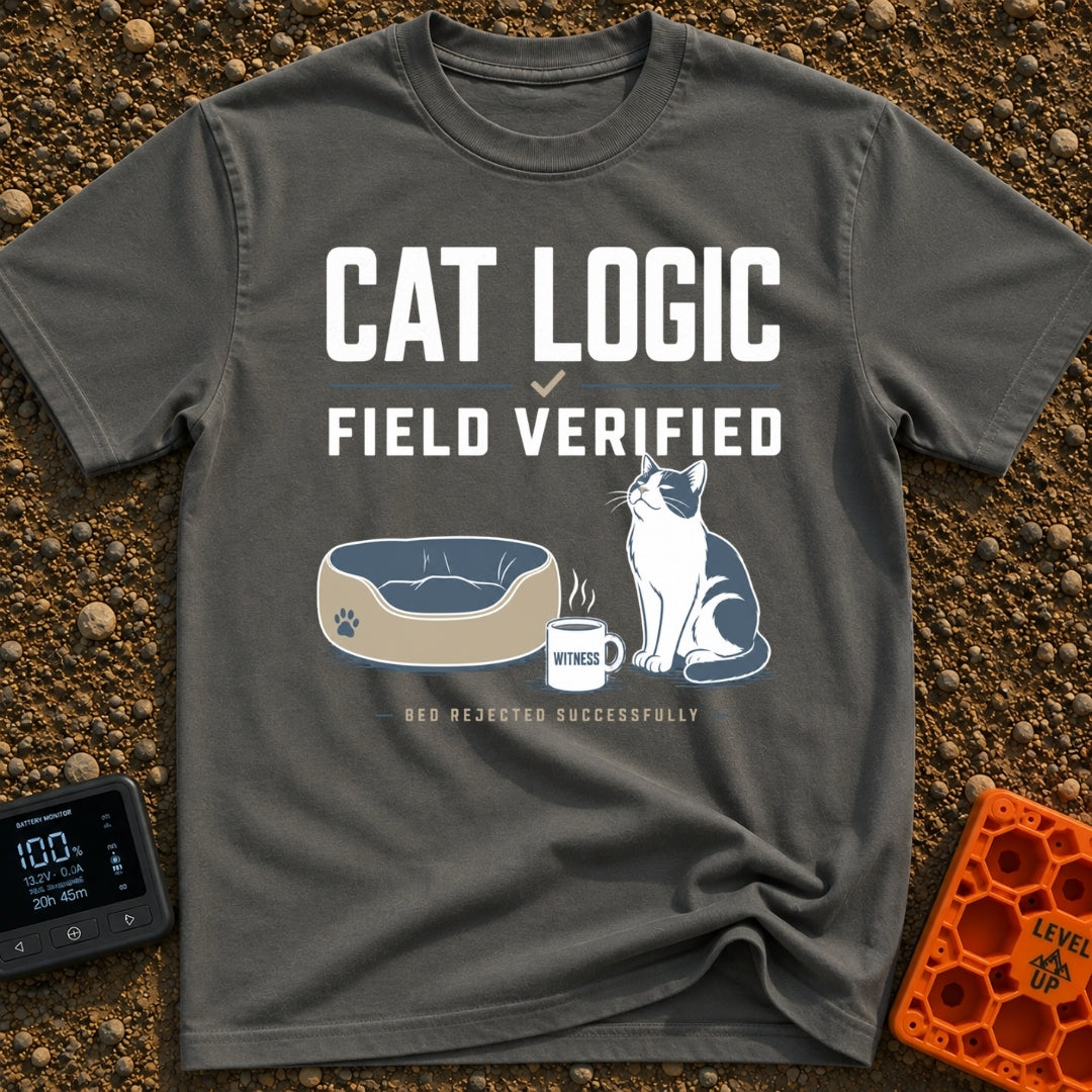 Cat Logic Certified - T-Shirt in Pepper - A black and white cat sitting upright next to an empty round pet bed, with a...