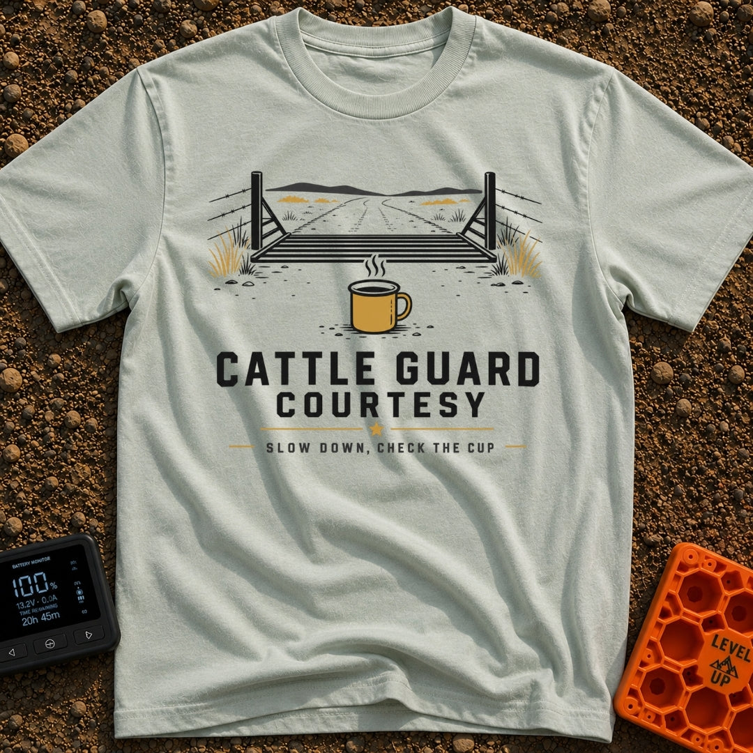 Cattle Guard Java - T-Shirt in Bay - A graphic showing a dirt road passing over a metal cattle guard between barbed wire...
