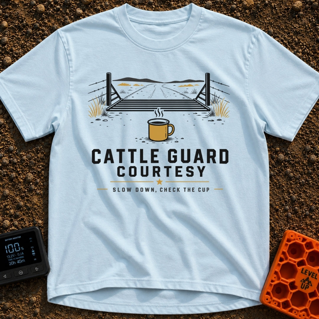 Cattle Guard Java - T-Shirt in Chambray - A graphic showing a dirt road passing over a metal cattle guard between barbed...