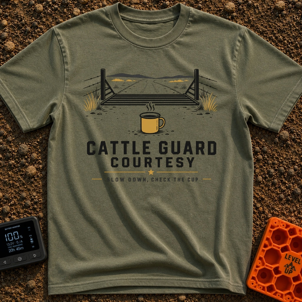Cattle Guard Java - T-Shirt in Moss - A graphic showing a dirt road passing over a metal cattle guard between barbed wire...