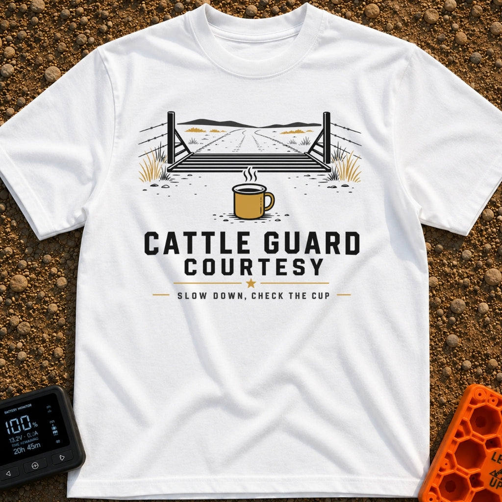 Cattle Guard Java - T-Shirt in White - A graphic showing a dirt road passing over a metal cattle guard between barbed...