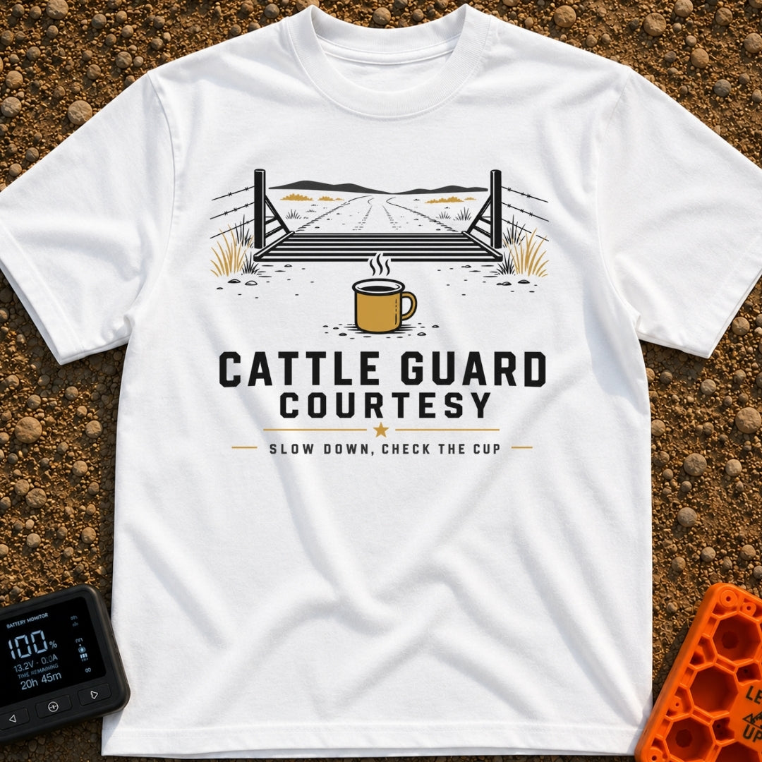 Cattle Guard Java - T-Shirt in White - A graphic showing a dirt road passing over a metal cattle guard between barbed...