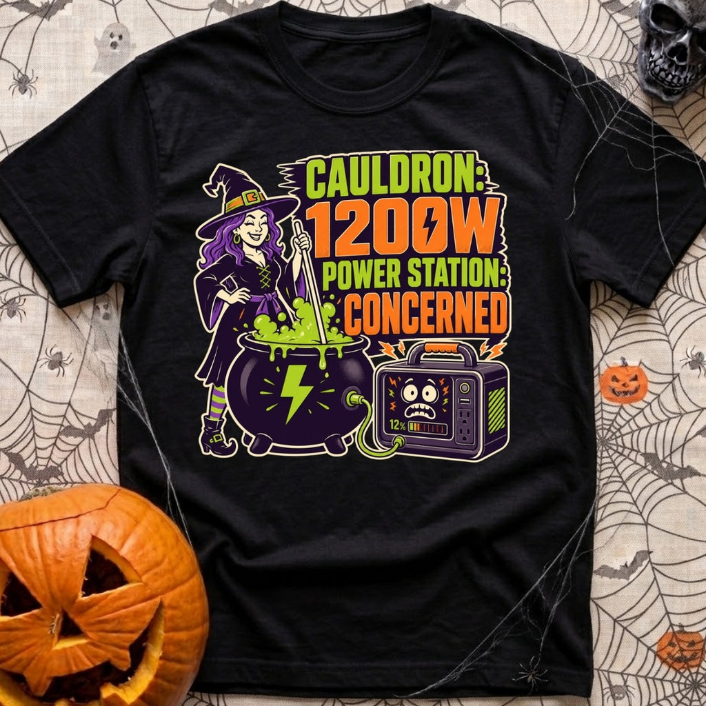 Watts In The Cauldron - T-Shirt in Black - A cartoon witch with purple hair stirs a bubbling green cauldron that is...