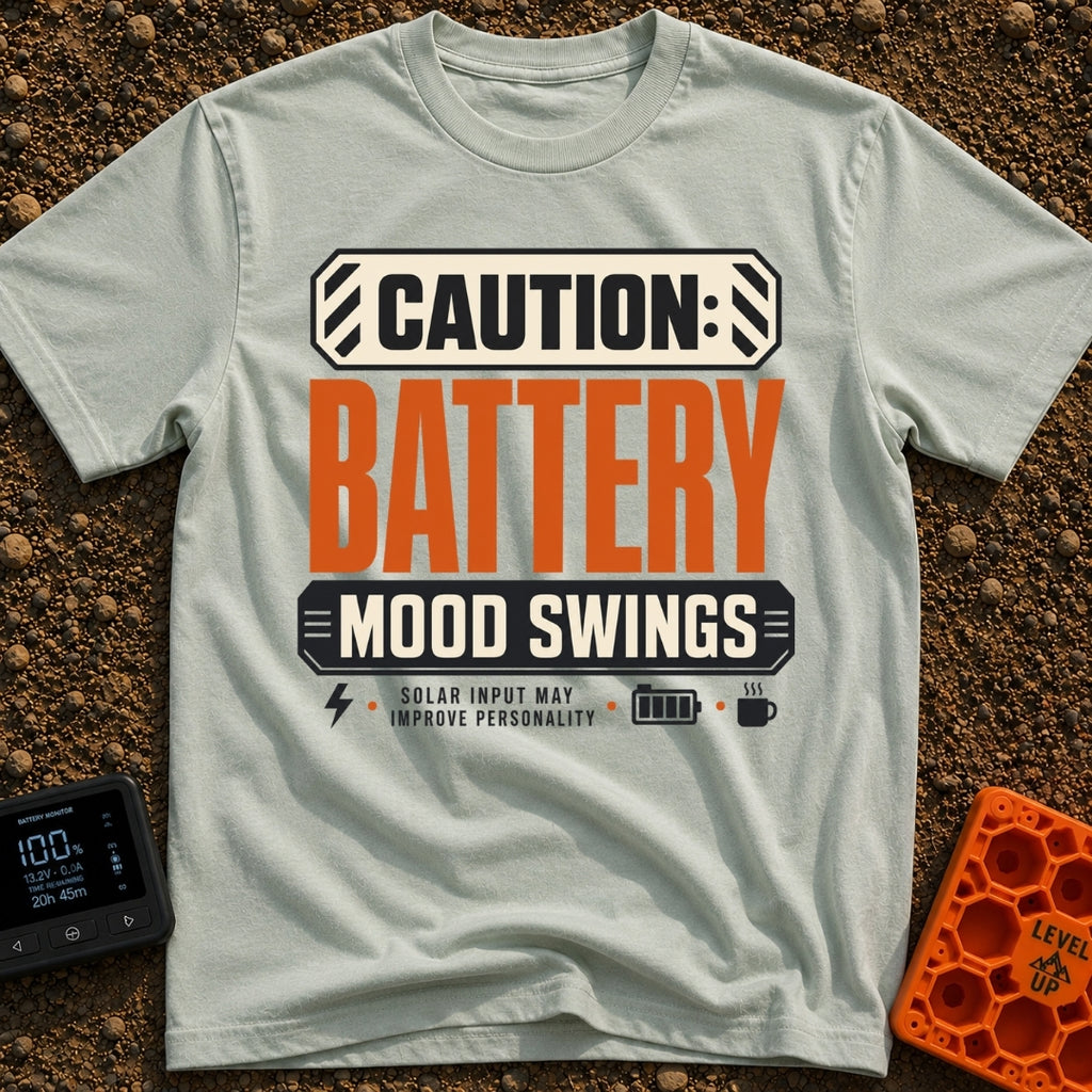 Battery Mood Alert - T-Shirt in Bay - A graphic designed like a warning label with text reading "CAUTION: BATTERY MOOD...