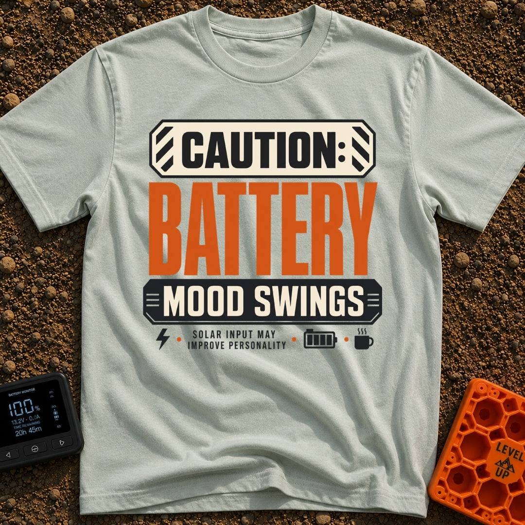 Battery Mood Alert - T-Shirt in Bay - A graphic designed like a warning label with text reading "CAUTION: BATTERY MOOD...