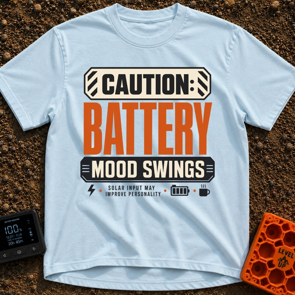 Battery Mood Alert - T-Shirt in Chambray - A graphic designed like a warning label with text reading "CAUTION: BATTERY...