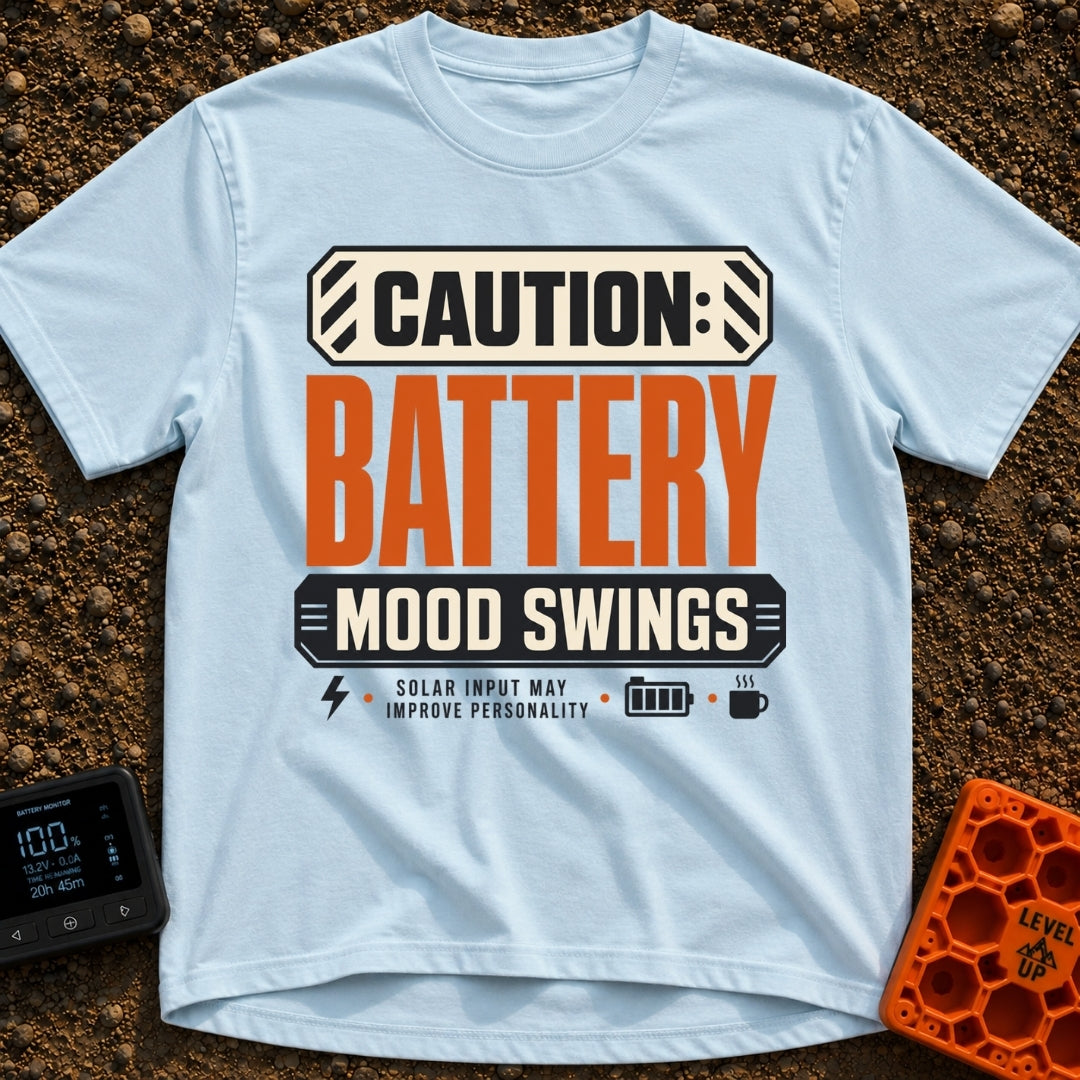 Battery Mood Alert - T-Shirt in Chambray - A graphic designed like a warning label with text reading "CAUTION: BATTERY...