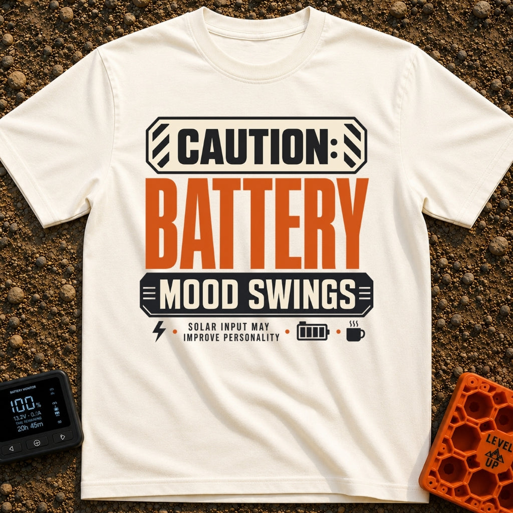 Battery Mood Alert - T-Shirt in Ivory - A graphic designed like a warning label with text reading "CAUTION: BATTERY MOOD...