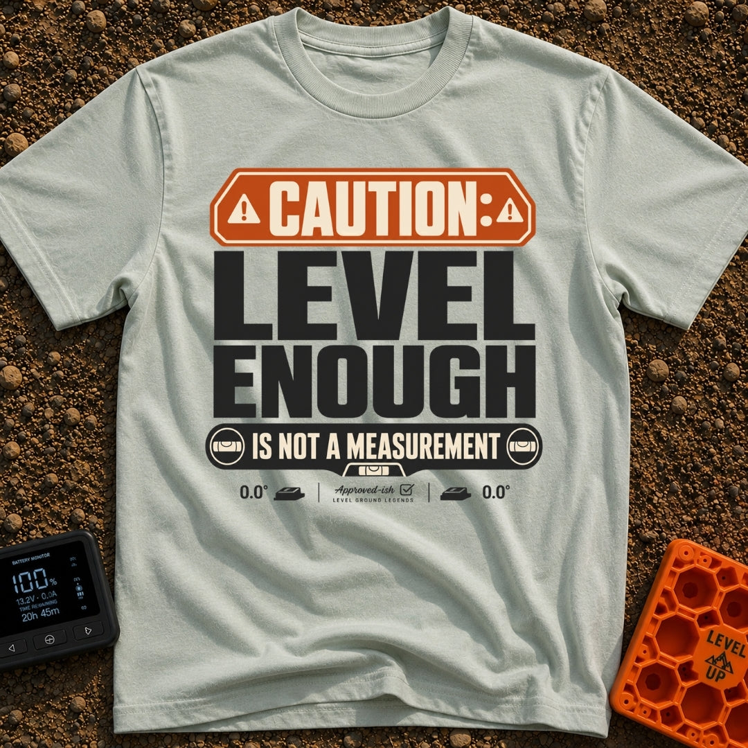 That Looks Level Enough - T-Shirt in Bay - A text-based design featuring an orange warning banner reading "CAUTION:",...