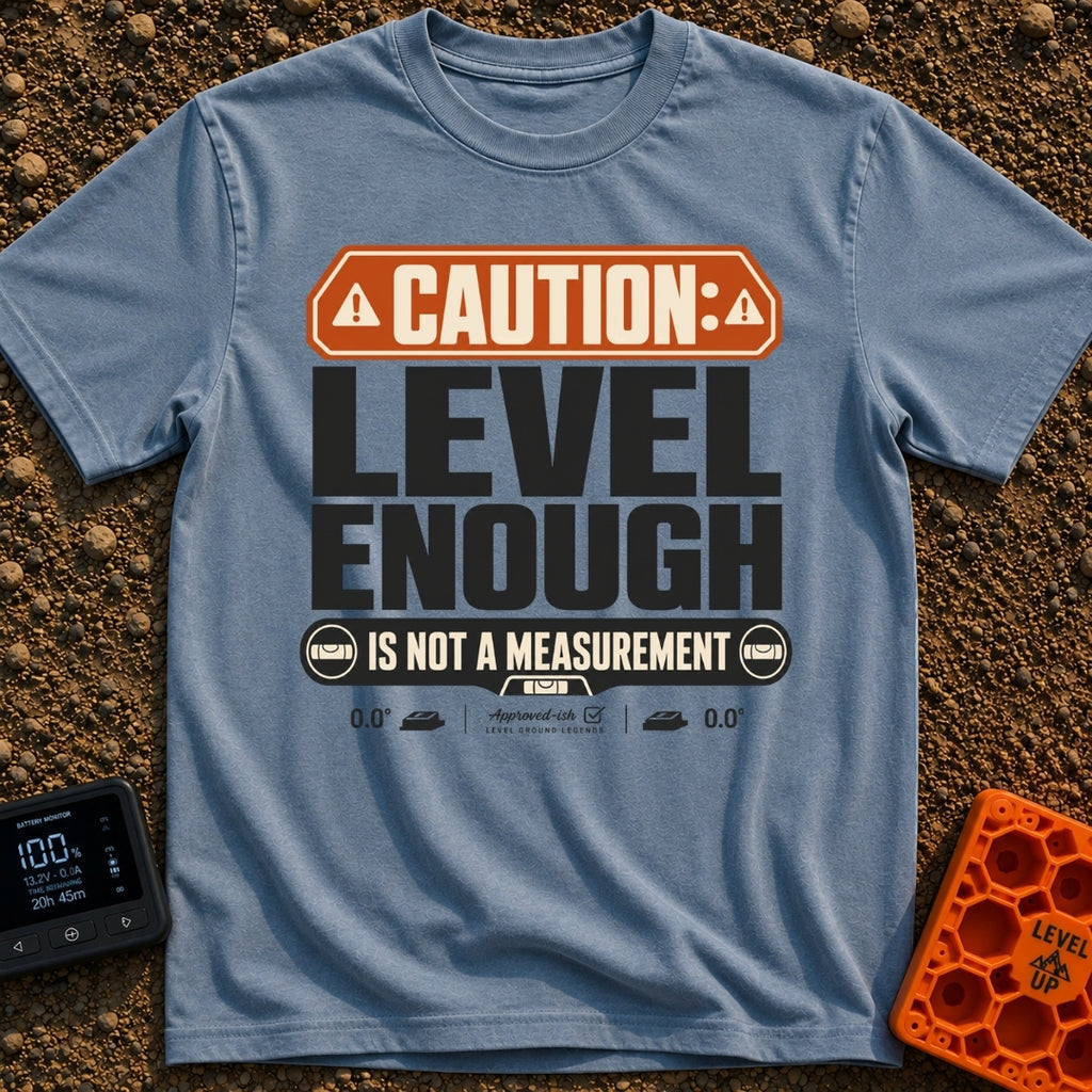 That Looks Level Enough - T-Shirt in Blue Jean - A text-based design featuring an orange warning banner reading...