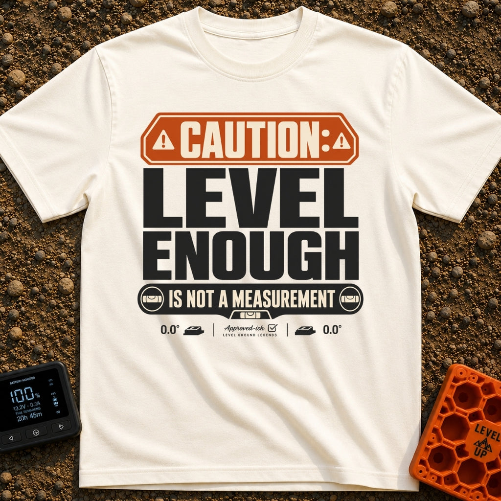 That Looks Level Enough - T-Shirt in Ivory - A text-based design featuring an orange warning banner reading "CAUTION:",...