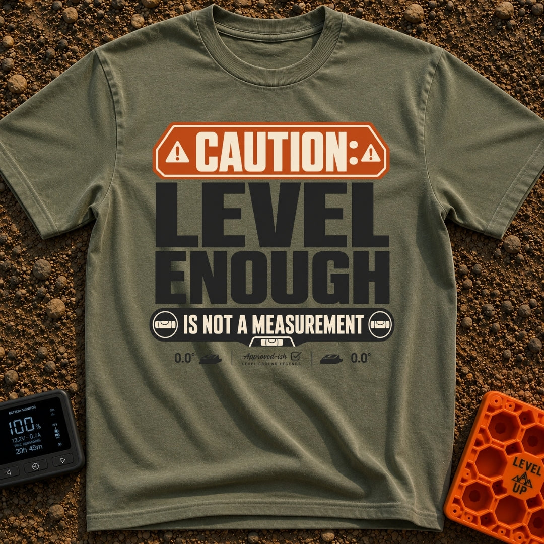 That Looks Level Enough - T-Shirt in Moss - A text-based design featuring an orange warning banner reading "CAUTION:",...