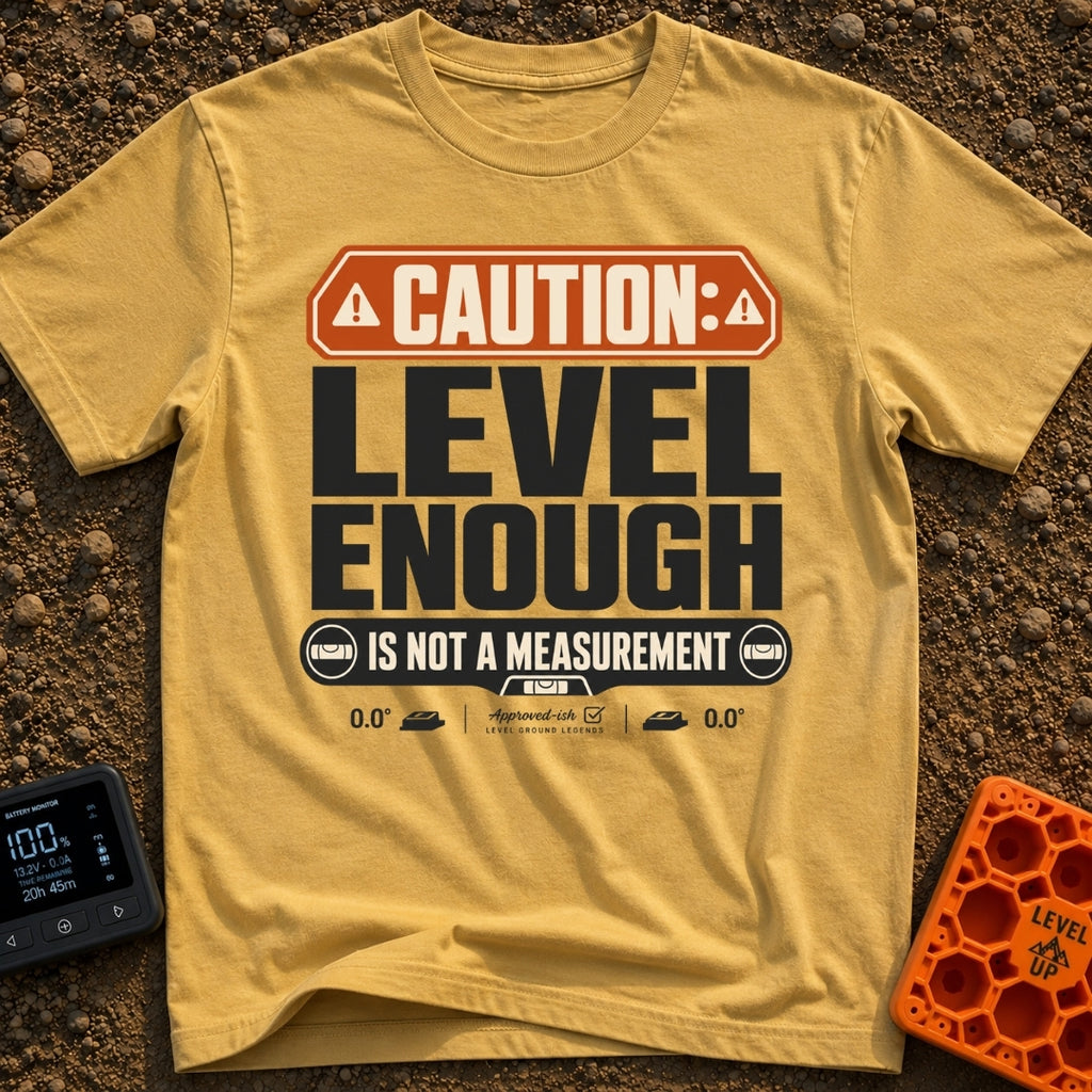 That Looks Level Enough - T-Shirt in Mustard - A text-based design featuring an orange warning banner reading "CAUTION:",...