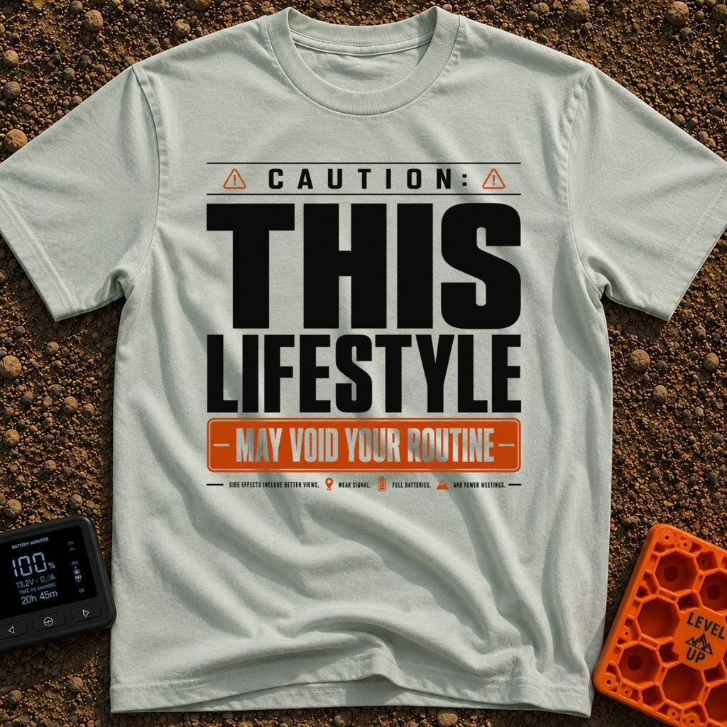 May Void Your Routine - T-Shirt in Bay - A typographic design styled like an industrial warning label featuring the large...
