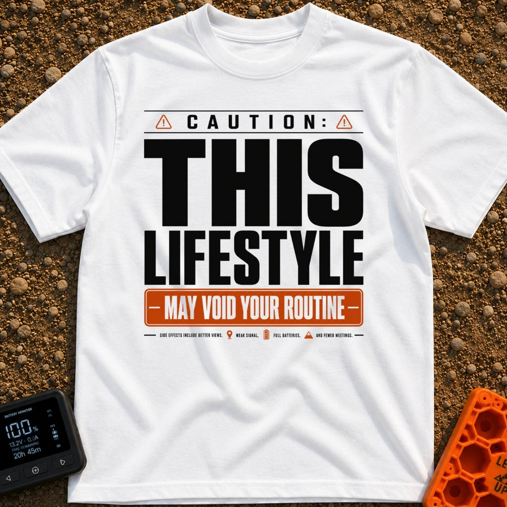 May Void Your Routine - T-Shirt in White - A typographic design styled like an industrial warning label featuring the...
