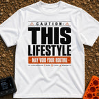 May Void Your Routine - T-Shirt in White - A typographic design styled like an industrial warning label featuring the...