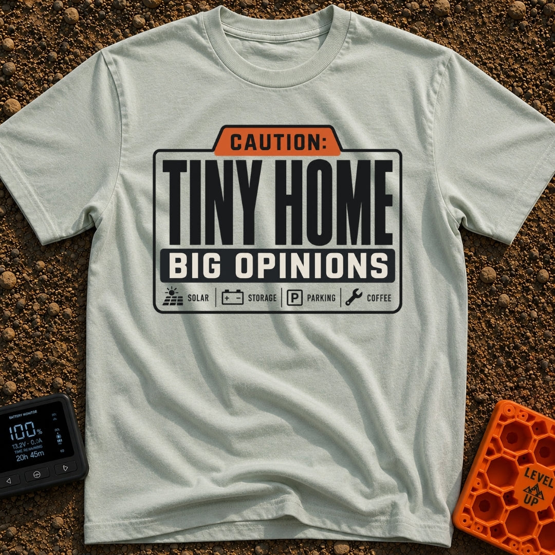 Tiny Home Big Opinions - T-Shirt in Bay - A graphic styled like a warning label featuring the text "CAUTION: TINY HOME...