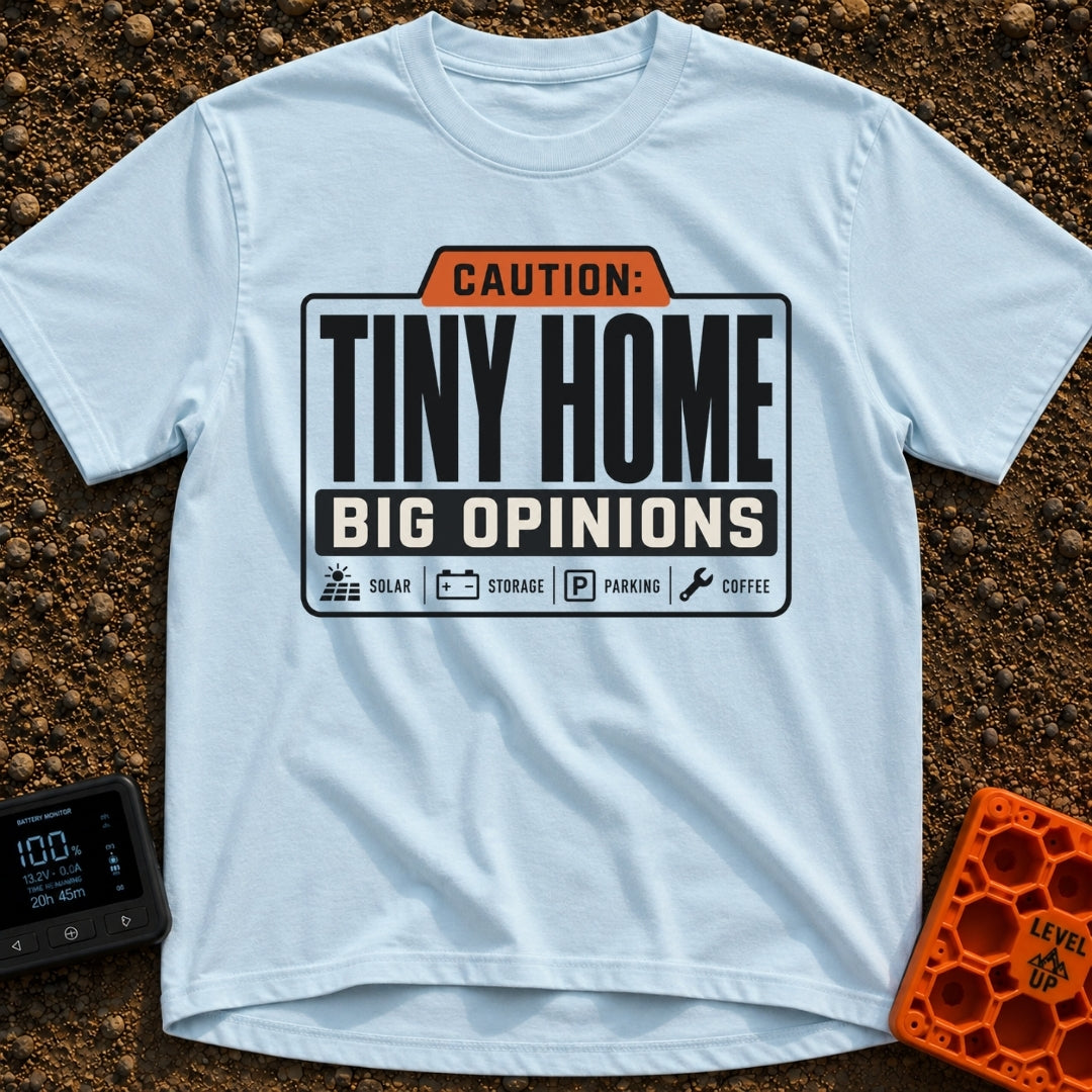 Tiny Home Big Opinions - T-Shirt in Chambray - A graphic styled like a warning label featuring the text "CAUTION: TINY...