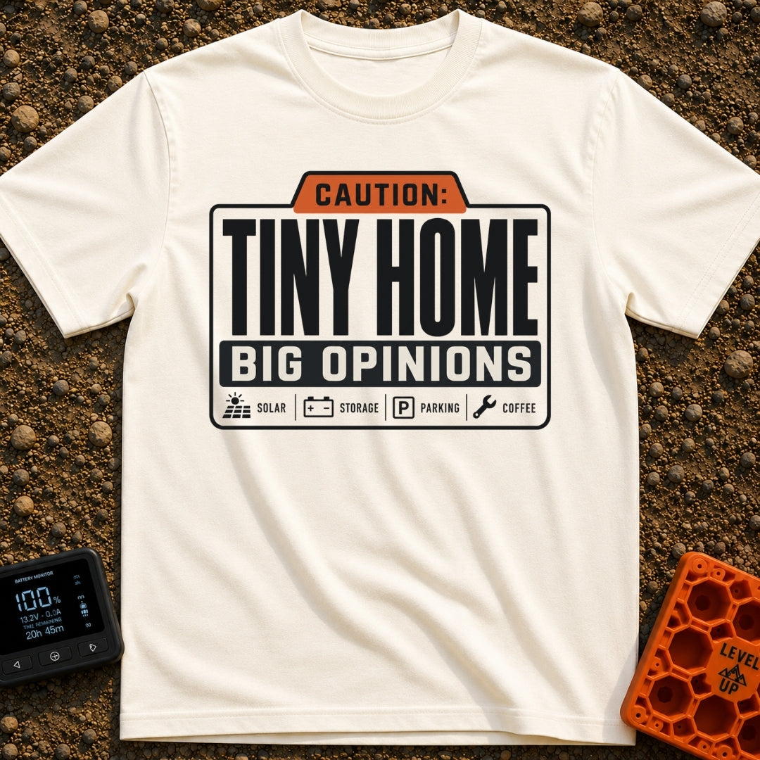 Tiny Home Big Opinions - T-Shirt in Ivory - A graphic styled like a warning label featuring the text "CAUTION: TINY HOME...