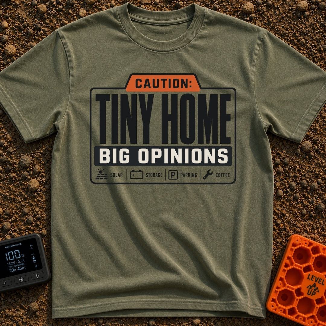 Tiny Home Big Opinions - T-Shirt in Moss - A graphic styled like a warning label featuring the text "CAUTION: TINY HOME...