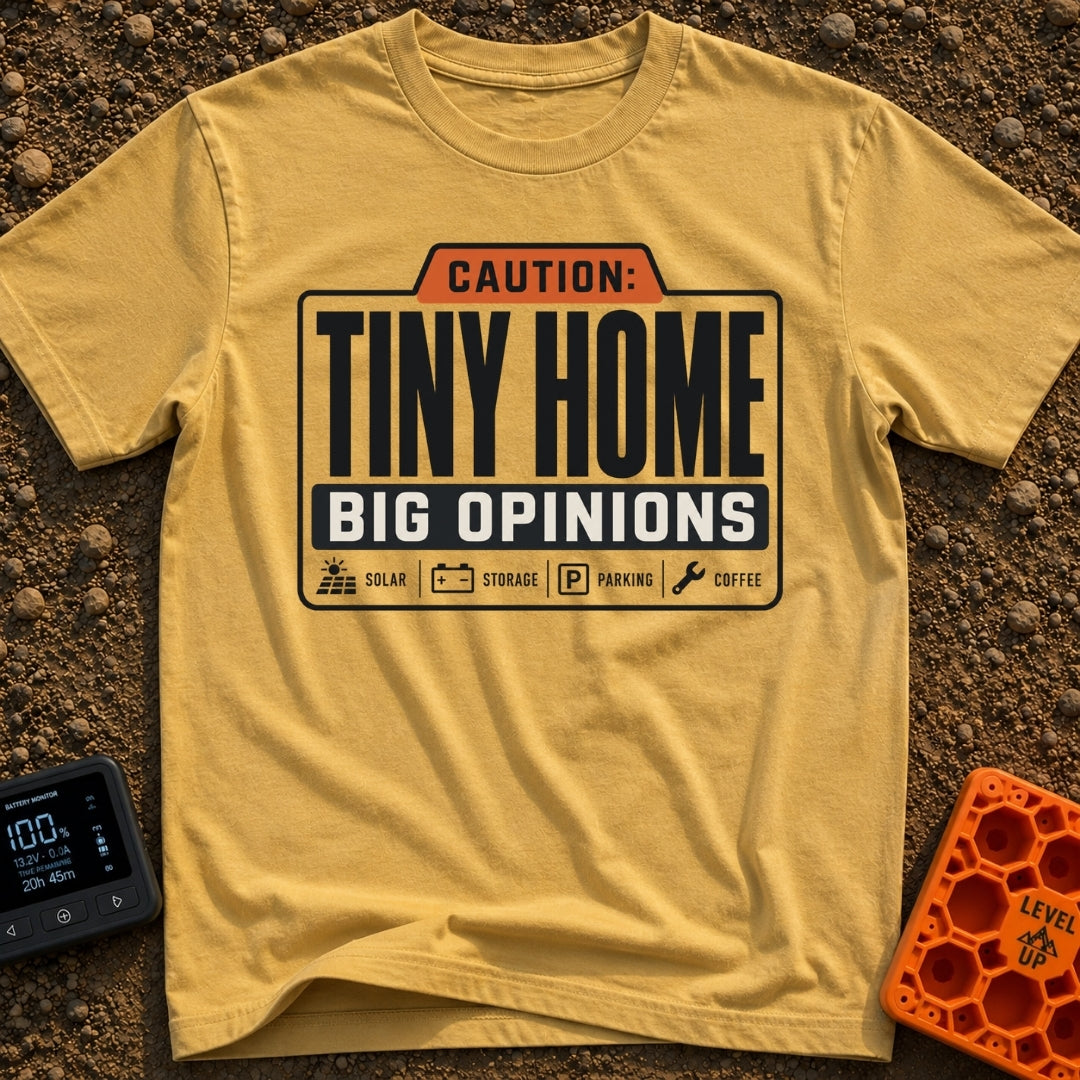 Tiny Home Big Opinions - T-Shirt in Mustard - A graphic styled like a warning label featuring the text "CAUTION: TINY...