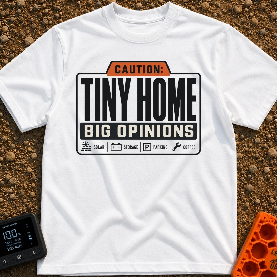 Tiny Home Big Opinions - T-Shirt in White - A graphic styled like a warning label featuring the text "CAUTION: TINY HOME...