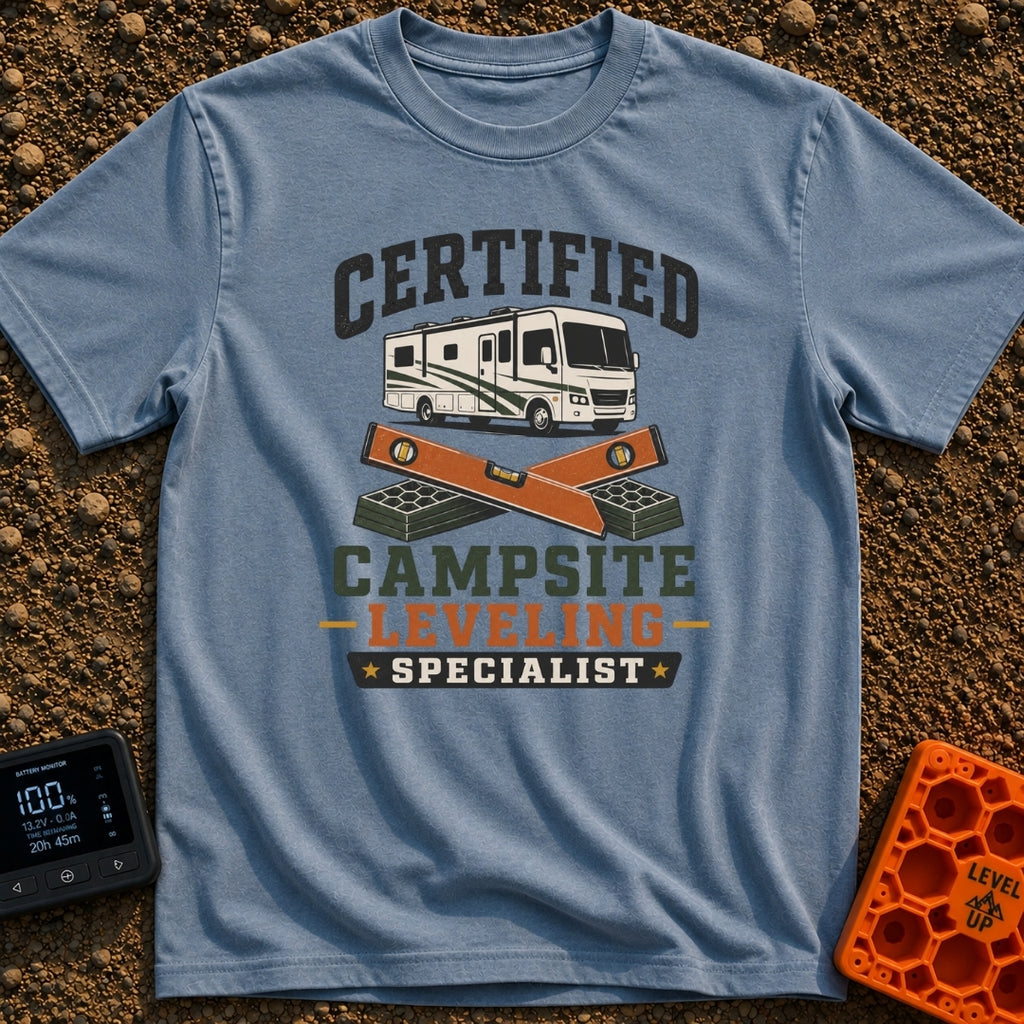 Certified Leveling Specialist - T-Shirt in Blue Jean - A graphic featuring a white and green motorhome parked above two...