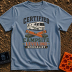 Certified Leveling Specialist - T-Shirt in Blue Jean - A graphic featuring a white and green motorhome parked above two...