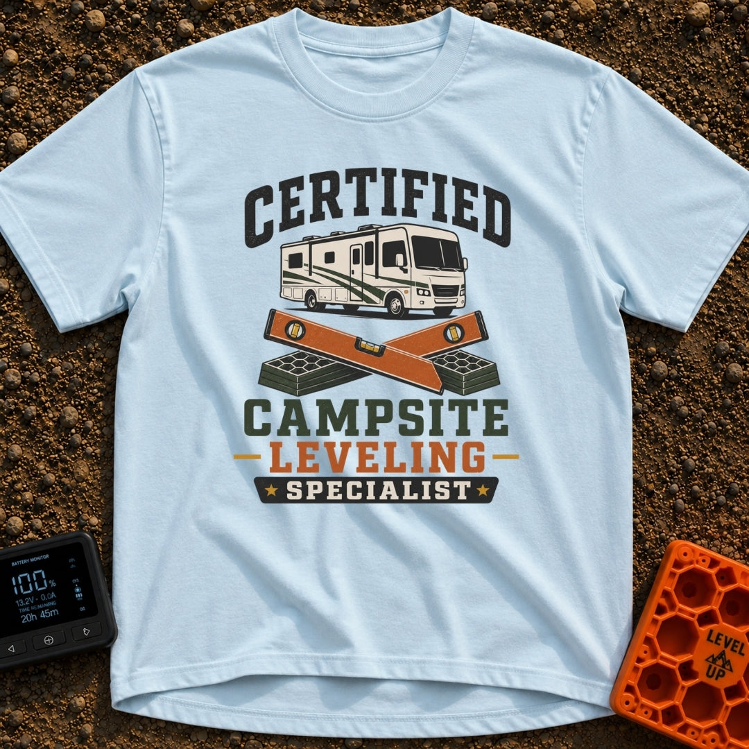 Certified Leveling Specialist - T-Shirt in Chambray - A graphic featuring a white and green motorhome parked above two...