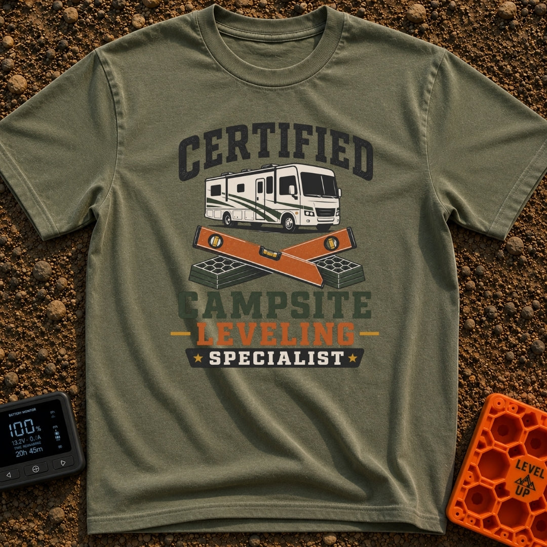 Certified Leveling Specialist - T-Shirt in Moss - A graphic featuring a white and green motorhome parked above two...