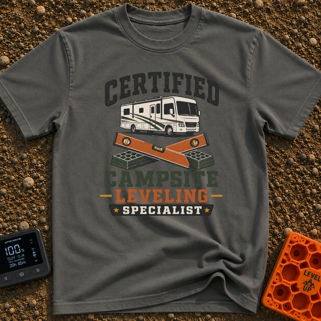 Certified Leveling Specialist - T-Shirt in Pepper - A graphic featuring a white and green motorhome parked above two...