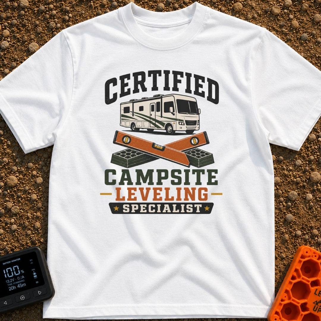 Certified Leveling Specialist - T-Shirt in White - A graphic featuring a white and green motorhome parked above two...