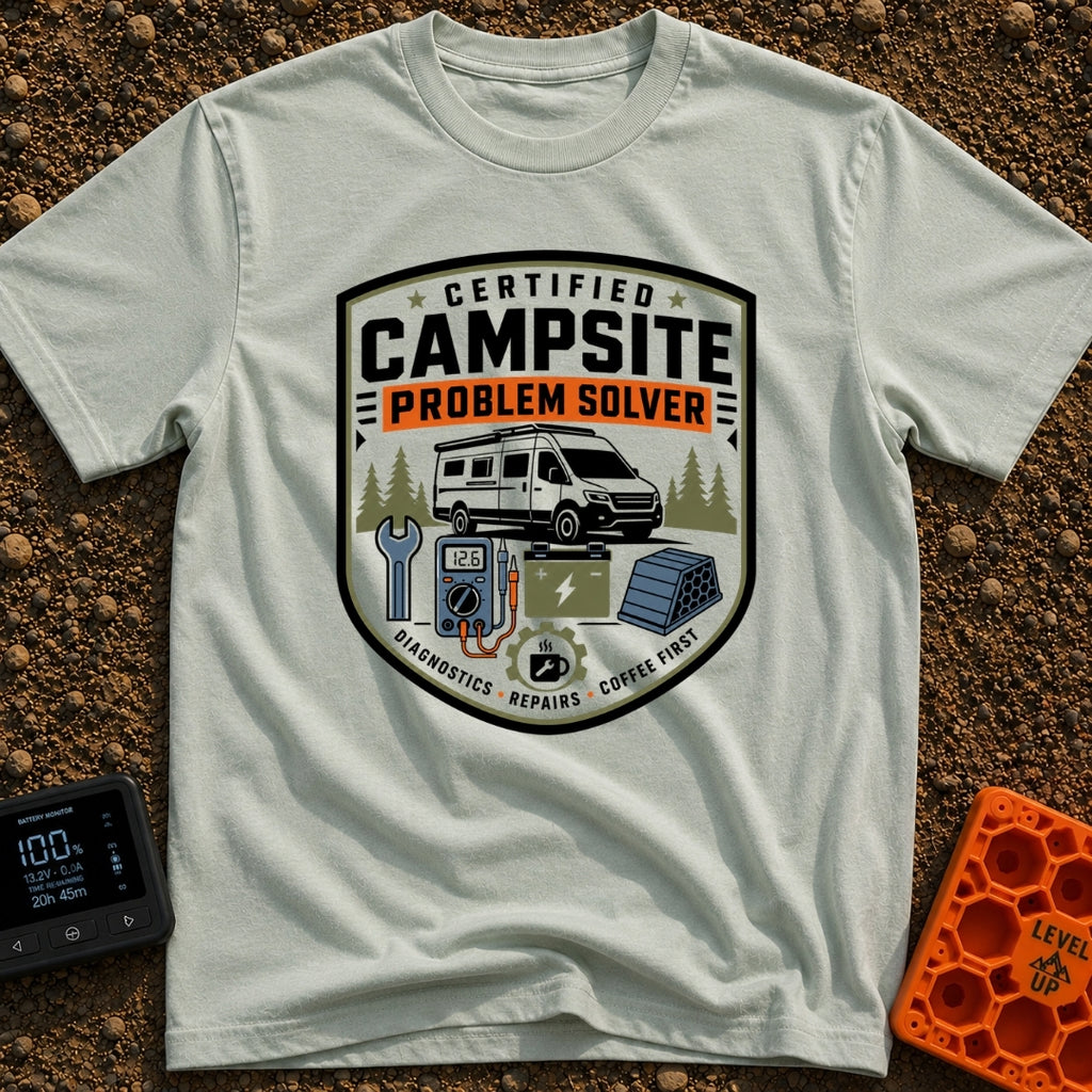 Campsite Crisis Wrangler - T-Shirt in Bay - A badge-style illustration of a white camper van parked among pine trees,...