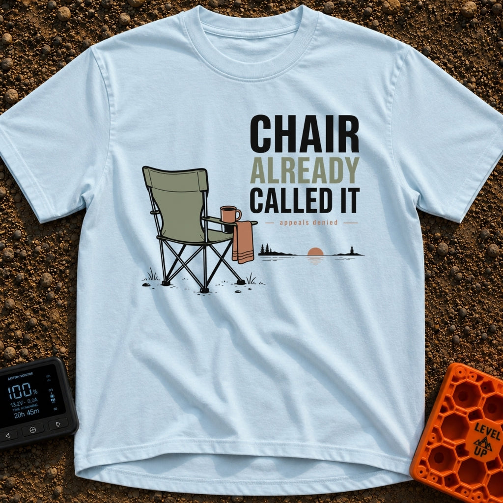 Chair Called Dibs - T-Shirt in Chambray - A green folding camp chair with a mug in its cup holder and a towel draped over...