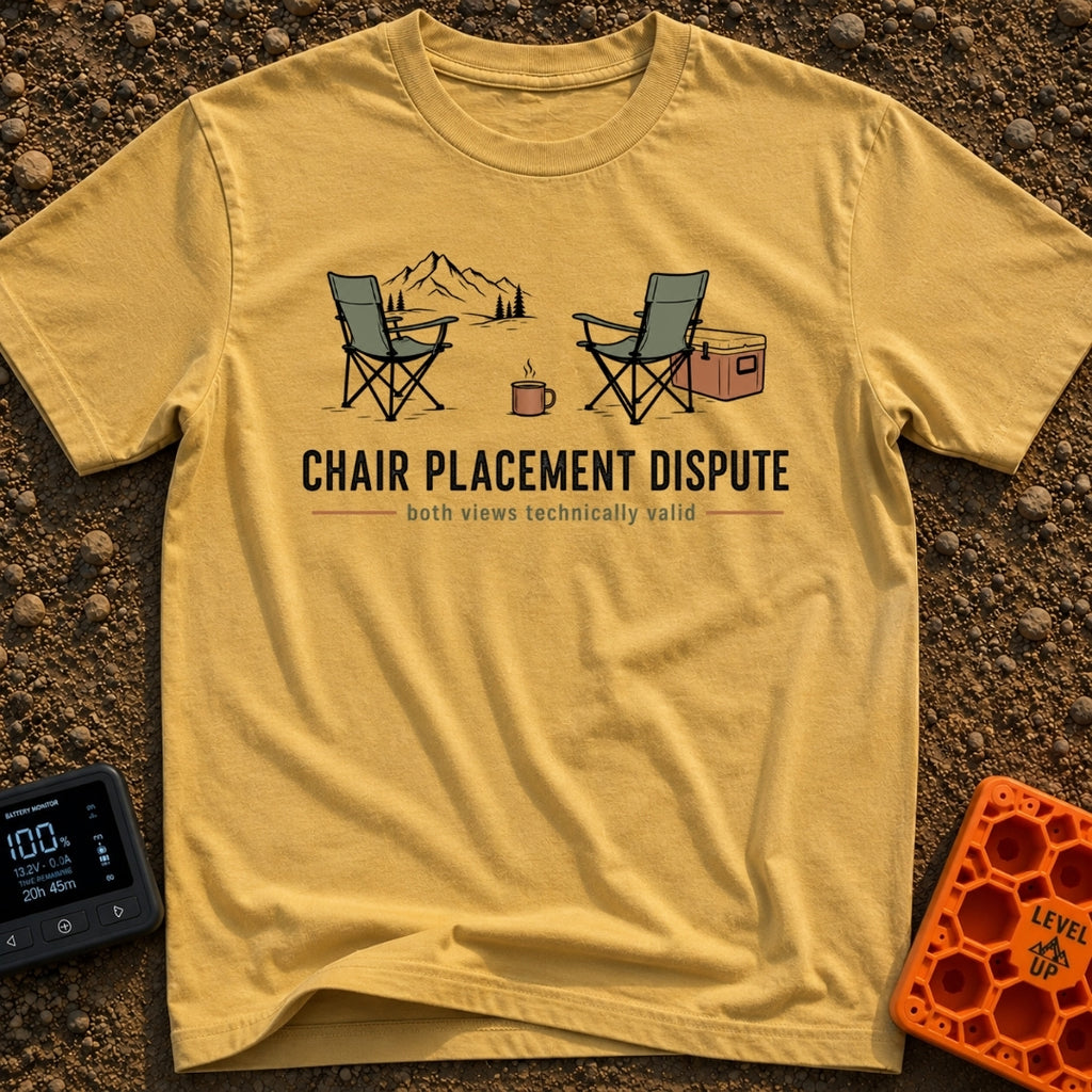 Camp Chair Diplomacy - T-Shirt in Mustard - An illustration of two green camp chairs facing in opposite directions, with...