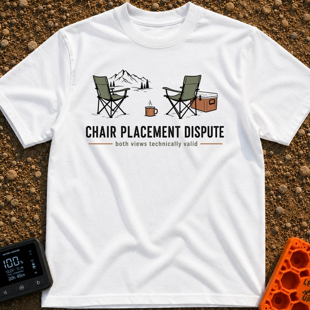Camp Chair Diplomacy - T-Shirt in White - An illustration of two green camp chairs facing in opposite directions, with...