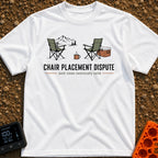 Camp Chair Diplomacy - T-Shirt in White - An illustration of two green camp chairs facing in opposite directions, with...