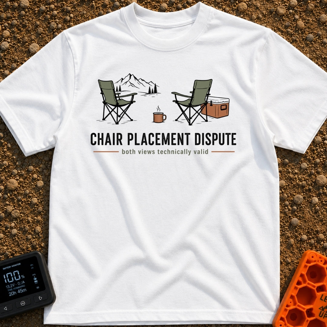 Camp Chair Diplomacy - T-Shirt in White - An illustration of two green camp chairs facing in opposite directions, with...