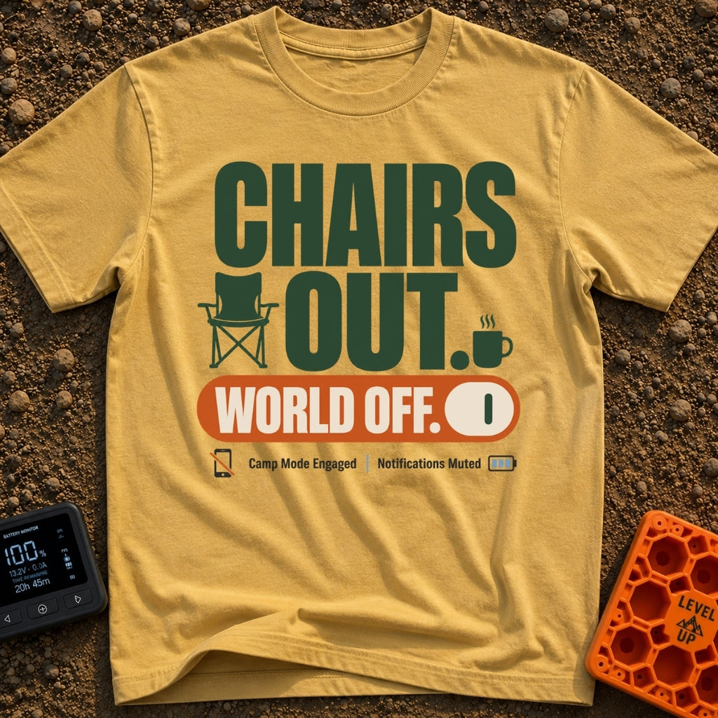 Camp Mode Engaged - T-Shirt in Mustard - The design features large green text reading "CHAIRS OUT." alongside small icons...
