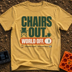 Camp Mode Engaged - T-Shirt in Mustard - The design features large green text reading "CHAIRS OUT." alongside small icons...