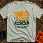 Charged By Solar Instinct - T-Shirt in Bay - A vintage-style typographic design reading "CHARGED BY SUN" above "MOVED BY...